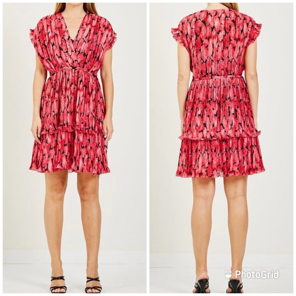 Kenzo Pleated Mini Dress Womens Pink Black Floral Ruffle Tiered 36